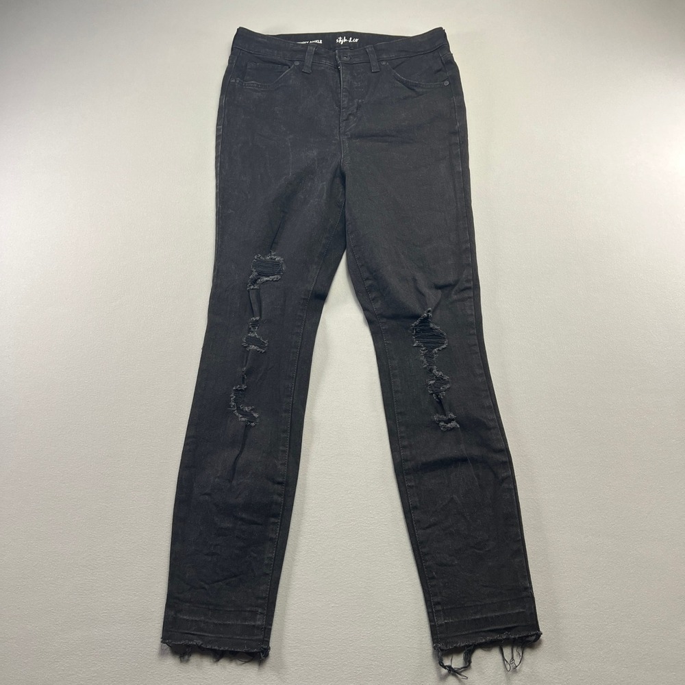 Style & Co Skinny Jeans Womens 10 Black Cotton Stretch Distressed Raw Hem Ankle